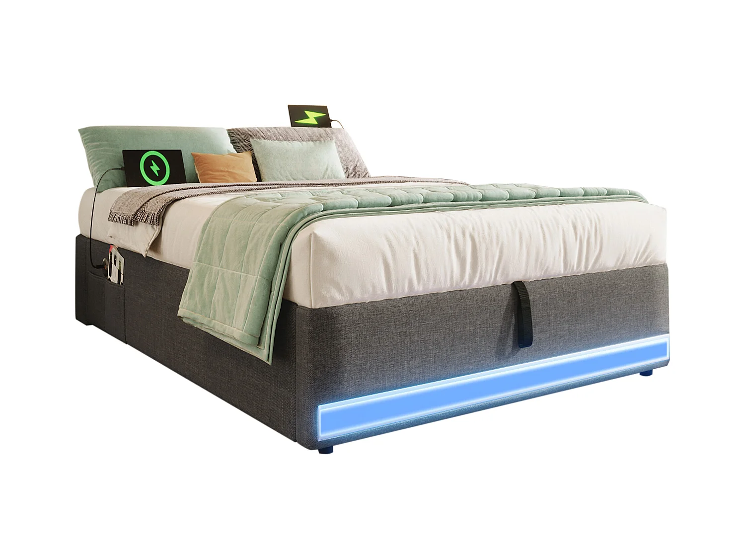 Gepolstertes Bett mit Stauraum 90x200cm - mit LED-Lichtleiste - mit USB + Type-C Anschlüssen - grau (Matratze nicht enthalten)