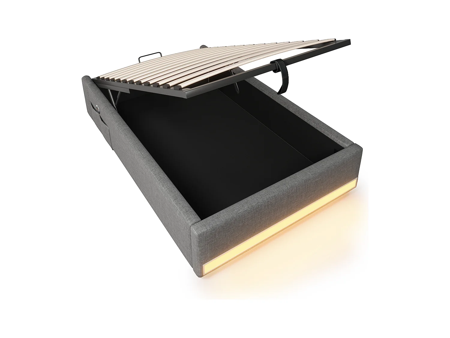 Gepolstertes Bett mit Stauraum 90x200cm - mit LED-Lichtleiste - mit USB + Type-C Anschlüssen - grau (Matratze nicht enthalten)