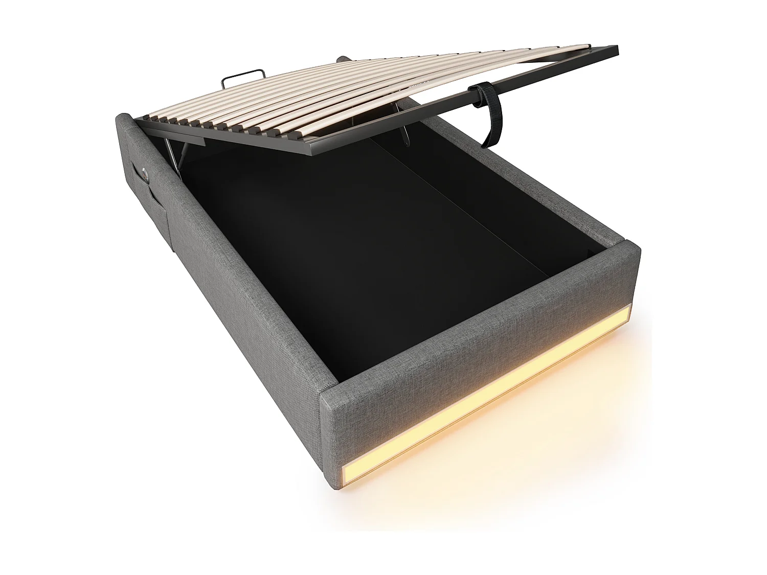 Opbergbed 90x200cm - met LED-lichtstrip - met USB + Type-C poorten - grijs (matras niet inbegrepen)