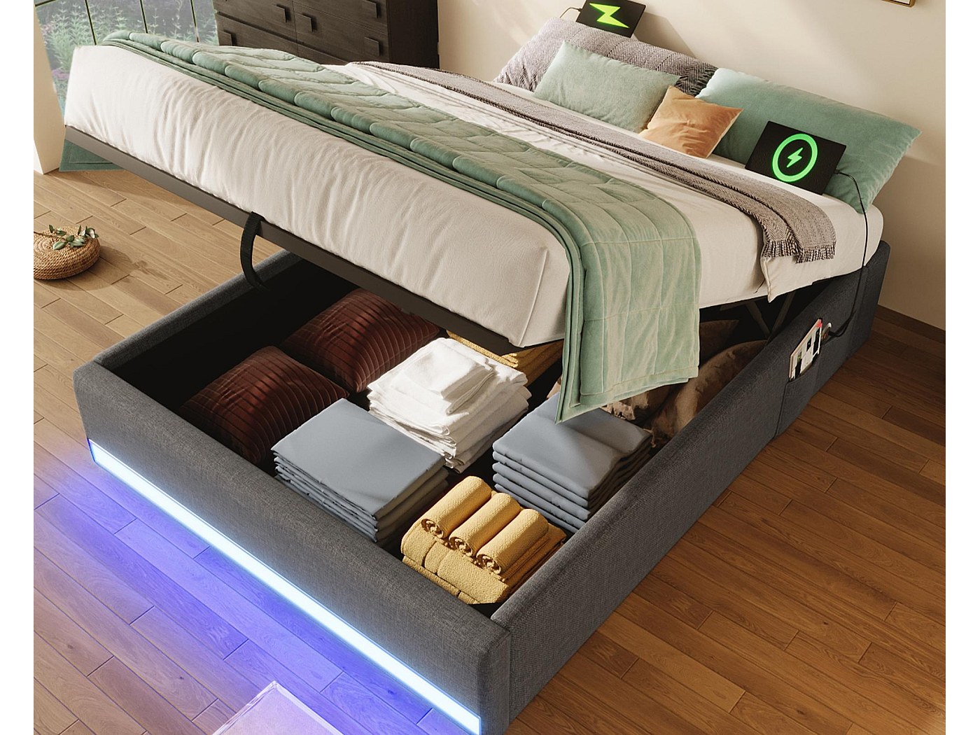 Lit rembourré LED 180 x 200 cm, lit coffre rembourré avec port de charge USB et rangement hydraulique, tissu en lin, beige | Leroy Merlin