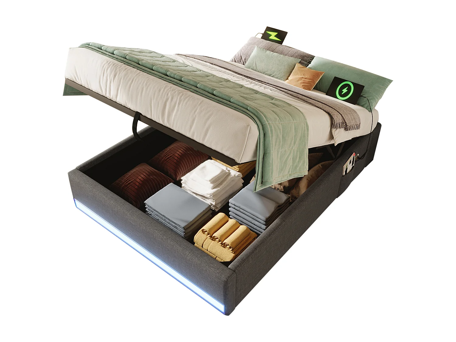 Lit coffre rembourré 90x200cm - avec bande lumineuse LED - avec ports USB + Type-C - gris (matelas non inclus)