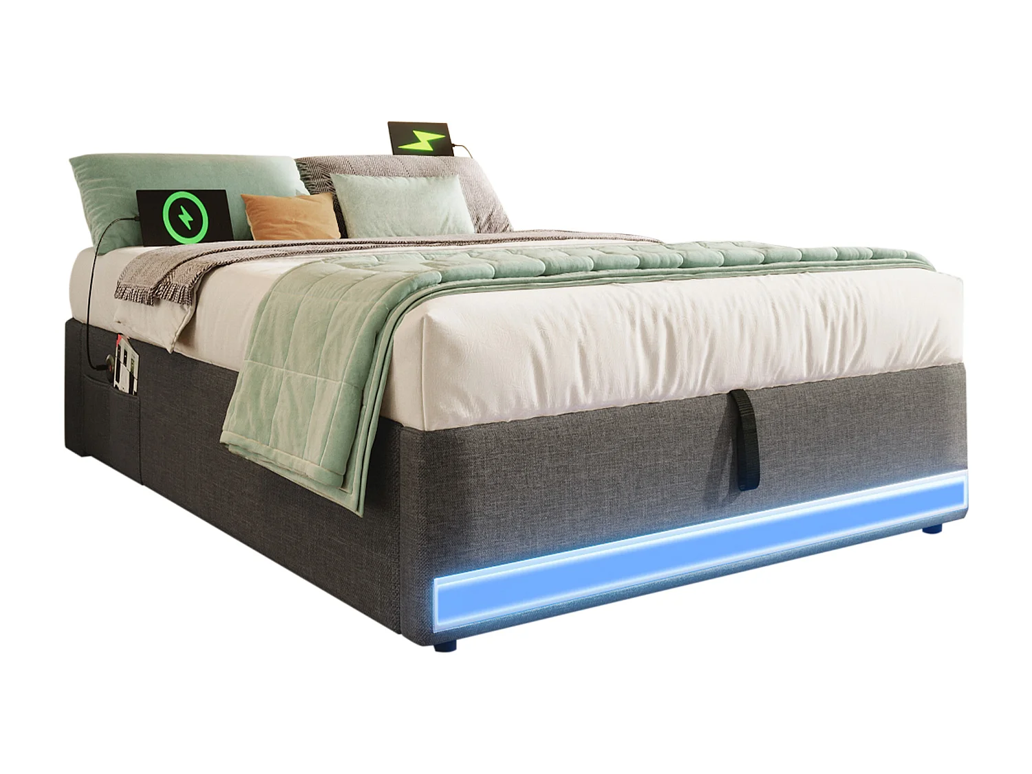 Lit coffre rembourré 90x200cm - avec bande lumineuse LED - avec ports USB + Type-C - gris (matelas non inclus)