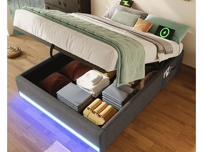 Gepolstertes Bett mit Stauraum 90x200cm - mit LED-Lichtleiste - mit USB + Type-C Anschlüssen - grau (Matratze nicht enthalten)