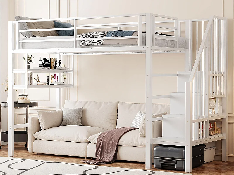 Lit mezzanine 90x200cm - avec échelle de rangement - avec barrières - blanc (sans matelas)