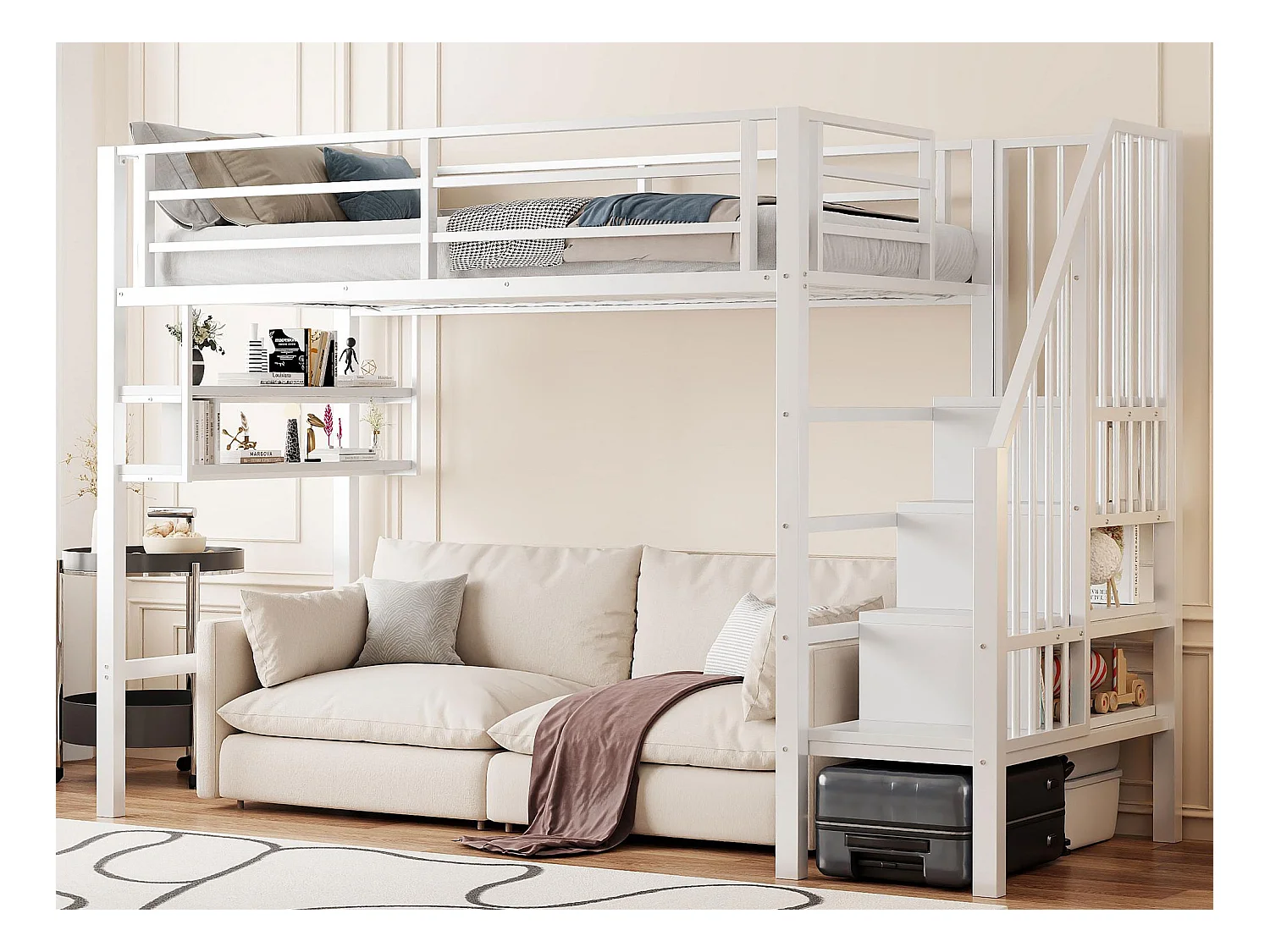 Lit mezzanine 90x200cm - avec échelle de rangement - avec barrières - blanc (sans matelas)