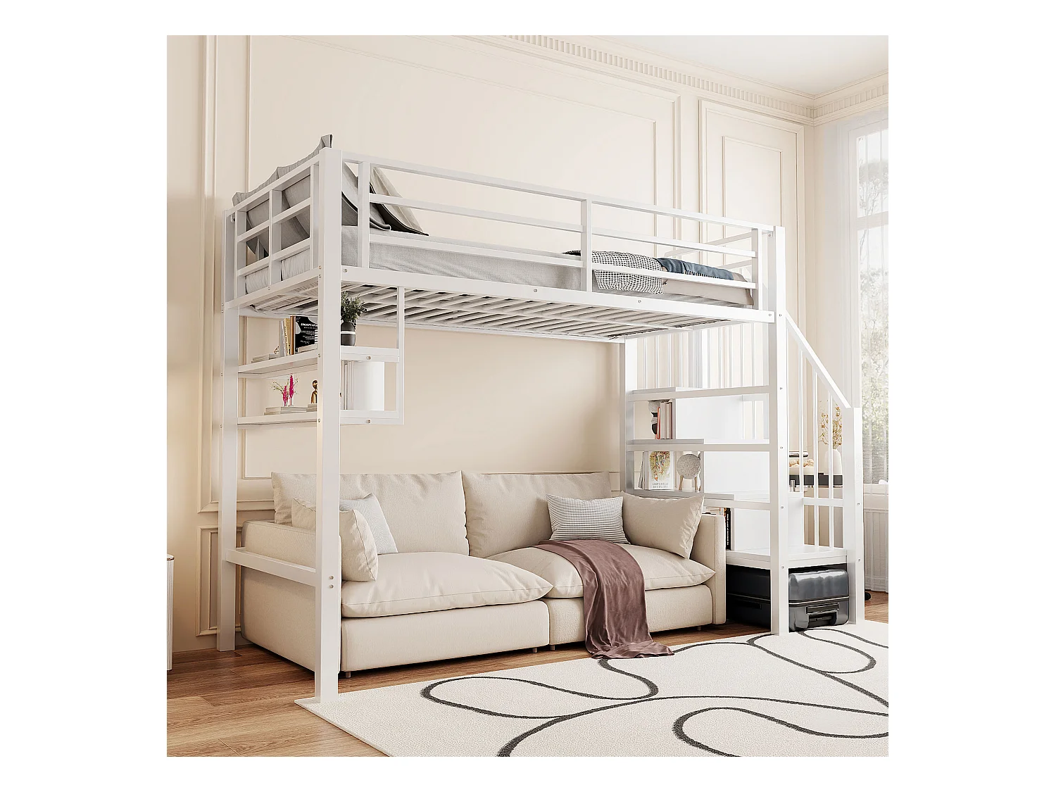 Lit mezzanine 90x200cm - avec échelle de rangement - avec barrières - blanc (sans matelas)