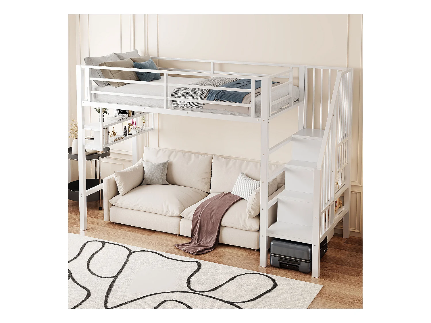 Lit mezzanine 90x200cm - avec échelle de rangement - avec barrières - blanc (sans matelas)