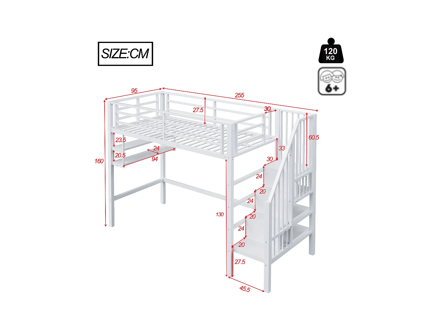 Lit mezzanine 90x200cm - avec échelle de rangement - avec barrières - blanc (sans matelas)