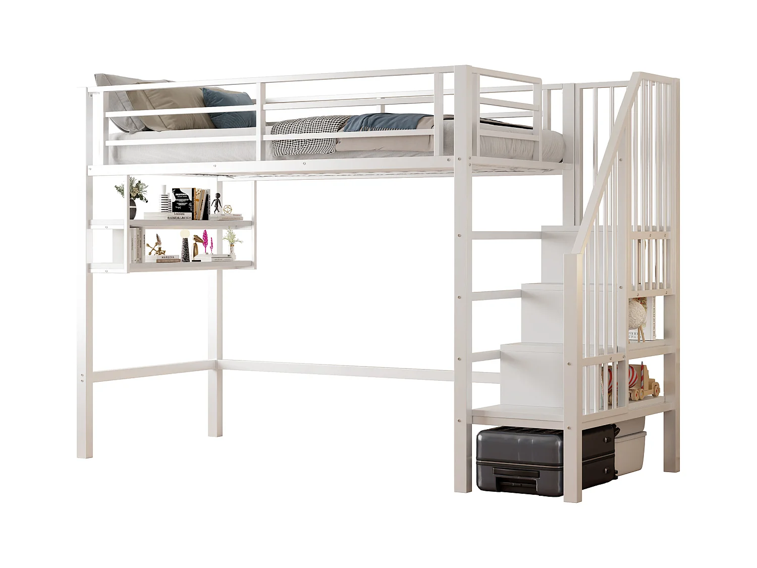 Lit mezzanine 90x200cm - avec échelle de rangement - avec barrières - blanc (sans matelas)