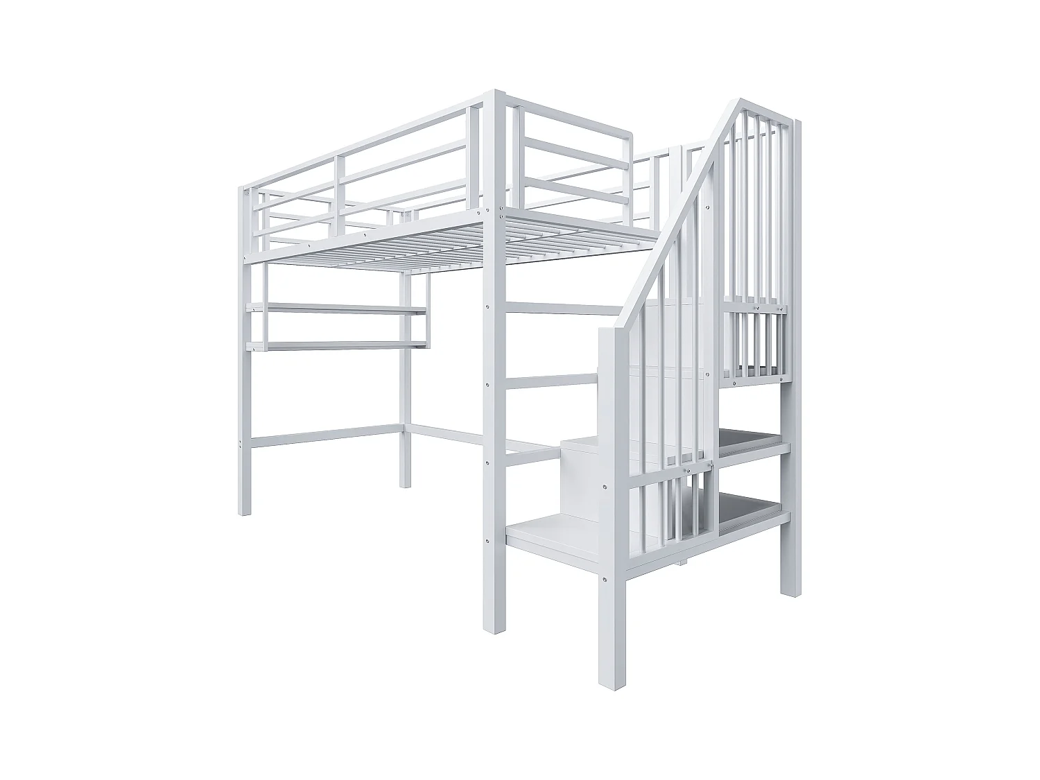 Lit mezzanine 90x200cm - avec échelle de rangement - avec barrières - blanc (sans matelas)