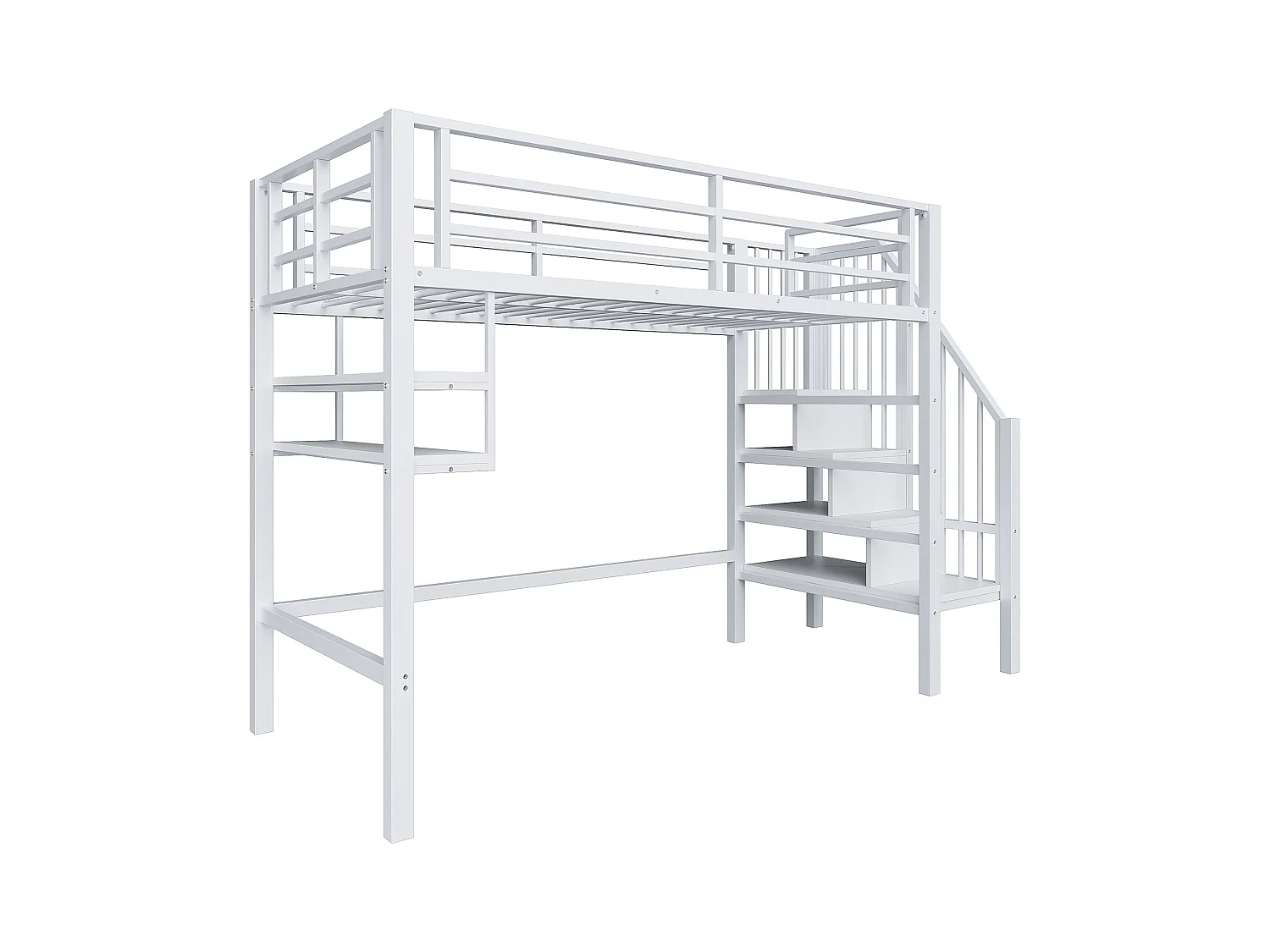 Lit mezzanine 90x200cm - avec échelle de rangement - avec barrières - blanc (sans matelas)