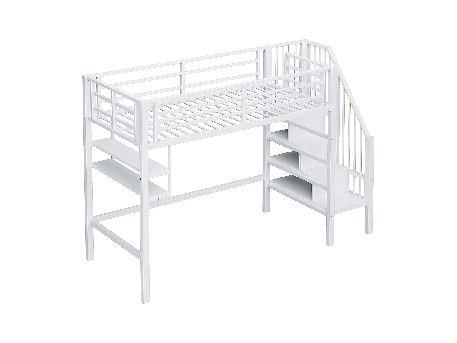 Lit mezzanine 90x200cm - avec échelle de rangement - avec barrières - blanc (sans matelas)