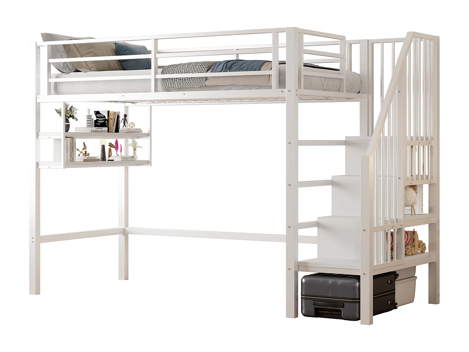 Hochbett 90x200cm - mit Aufbewahrungsladde - mit Barrieren - weiß (ohne Matratze)