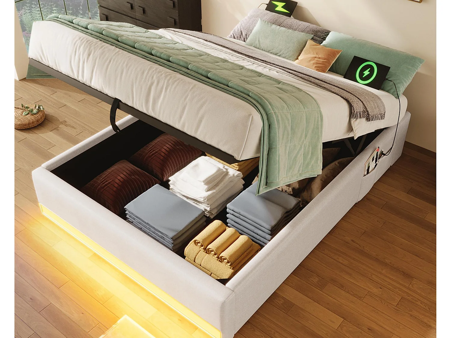 Lit coffre rembourré 90x200cm - avec bande lumineuse LED - avec ports USB + Type-C - beige (matelas non inclus)