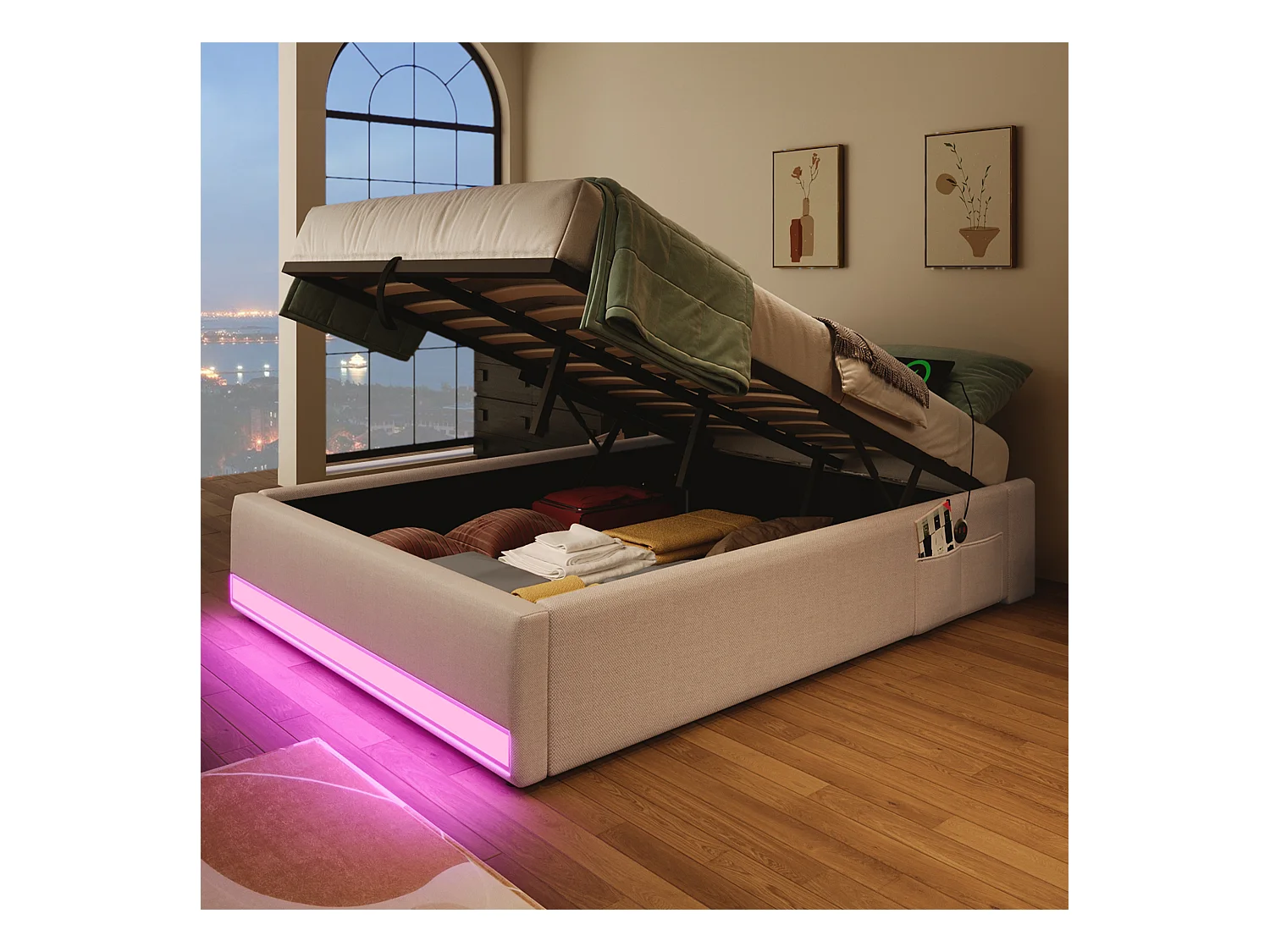 Lit coffre rembourré 90x200cm - avec bande lumineuse LED - avec ports USB + Type-C - beige (matelas non inclus)