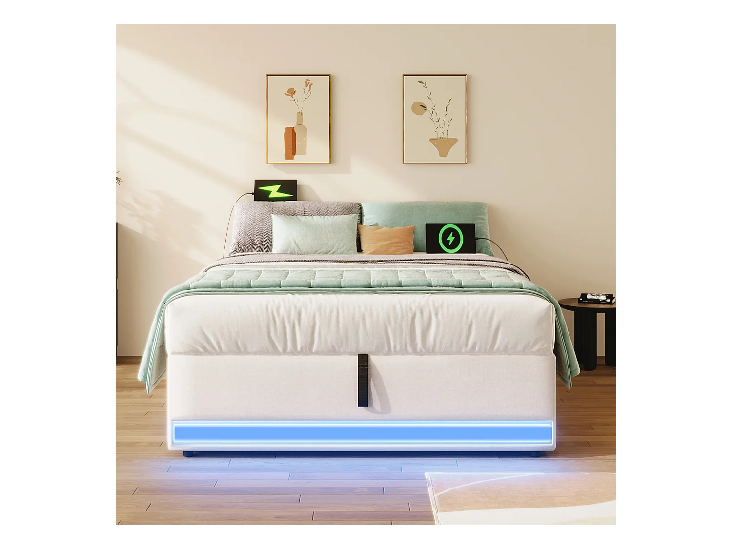 Lit coffre rembourré 90x200cm - avec bande lumineuse LED - avec ports USB + Type-C - beige (matelas non inclus)