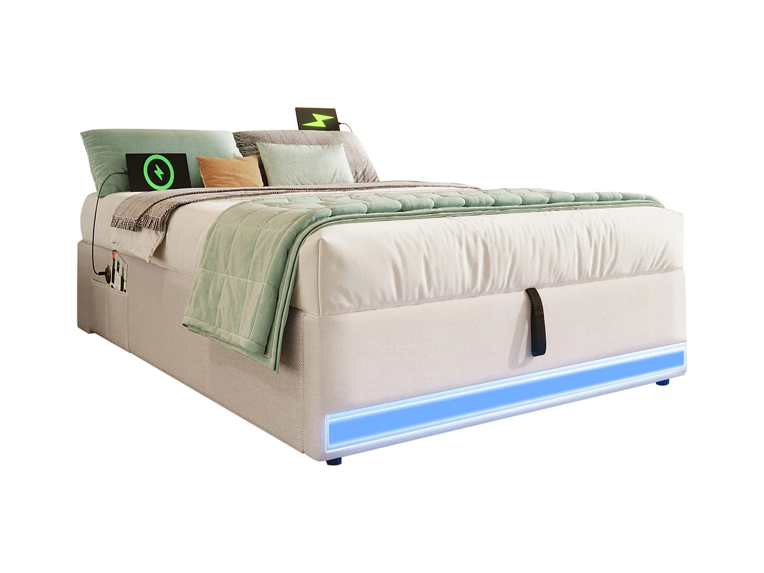 Lit coffre rembourré 90x200cm - avec bande lumineuse LED - avec ports USB + Type-C - beige (matelas non inclus)