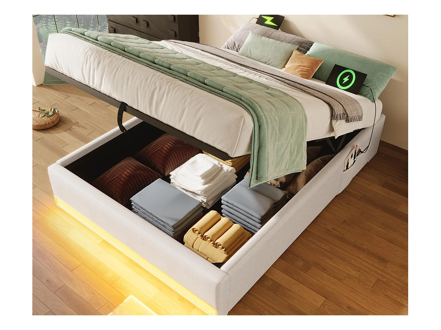 Lit coffre rembourré 90x200cm - avec bande lumineuse LED - avec ports USB + Type-C - beige (matelas non inclus)