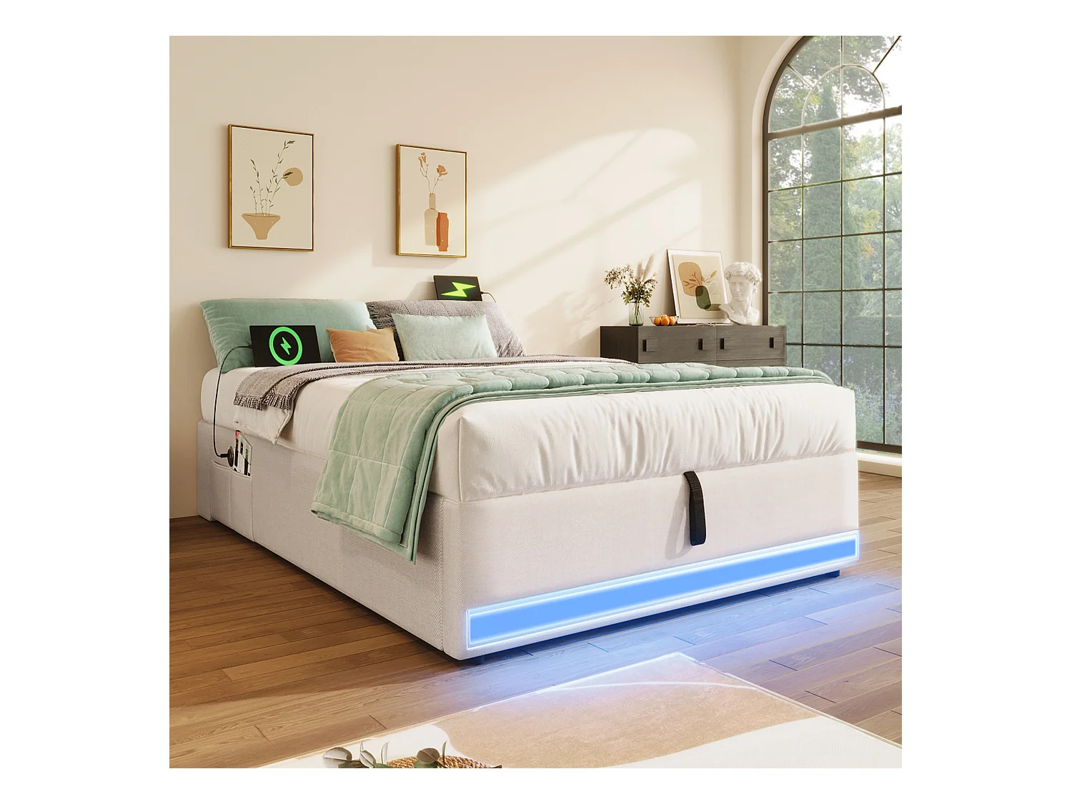Opbergbed 90x200cm - met LED-lichtstrip - met USB + Type-C poorten - beige (matras niet inbegrepen)