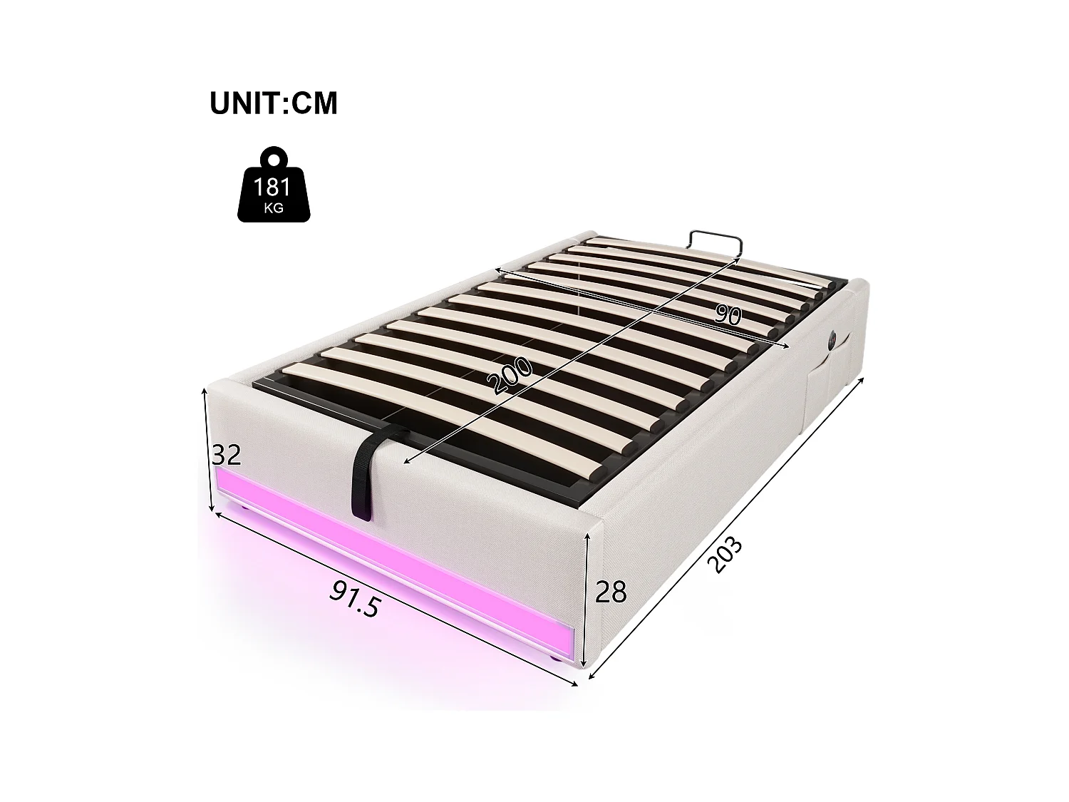 Opbergbed 90x200cm - met LED-lichtstrip - met USB + Type-C poorten - beige (matras niet inbegrepen)