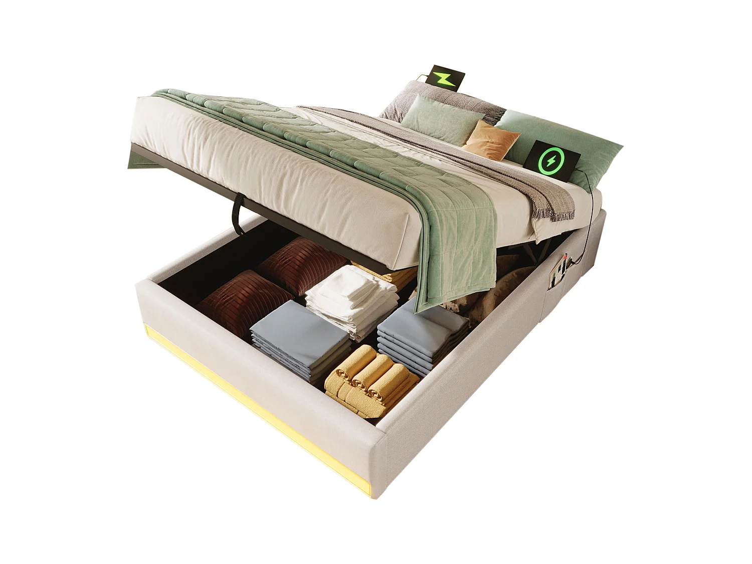 Opbergbed 90x200cm - met LED-lichtstrip - met USB + Type-C poorten - beige (matras niet inbegrepen)
