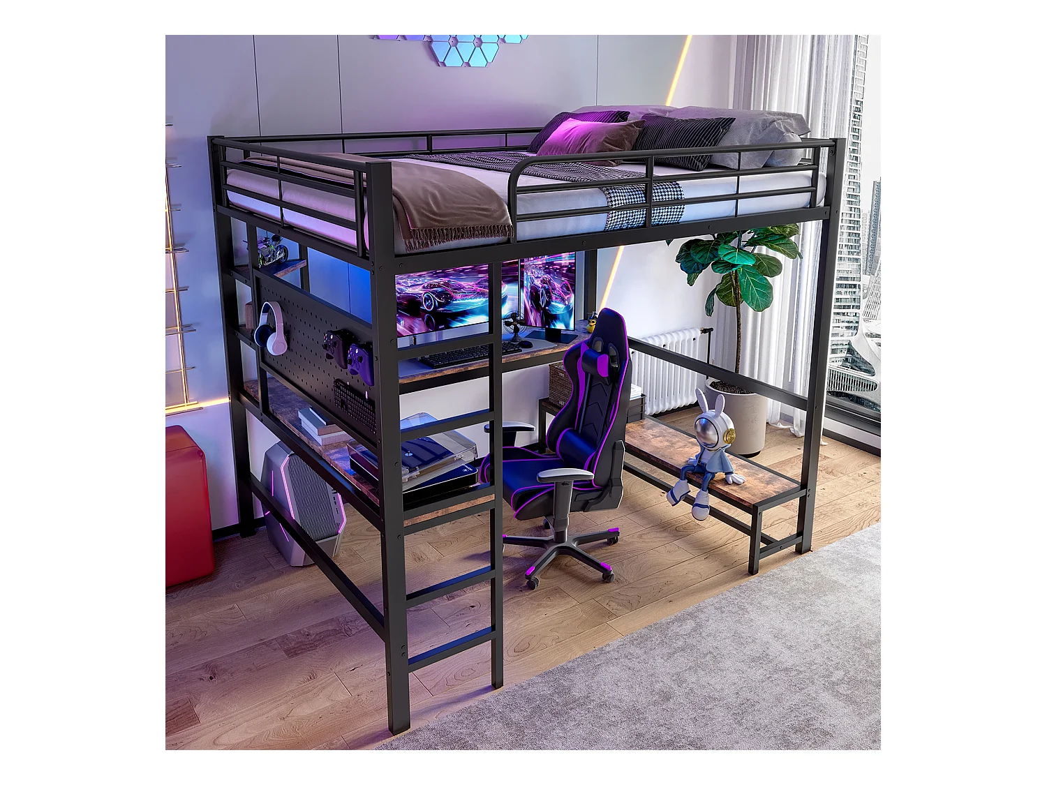 Lit mezzanine 140x200cm - avec bureau + garde-corps - avec prises USB + Type-C - avec bande lumineuse LED - noir