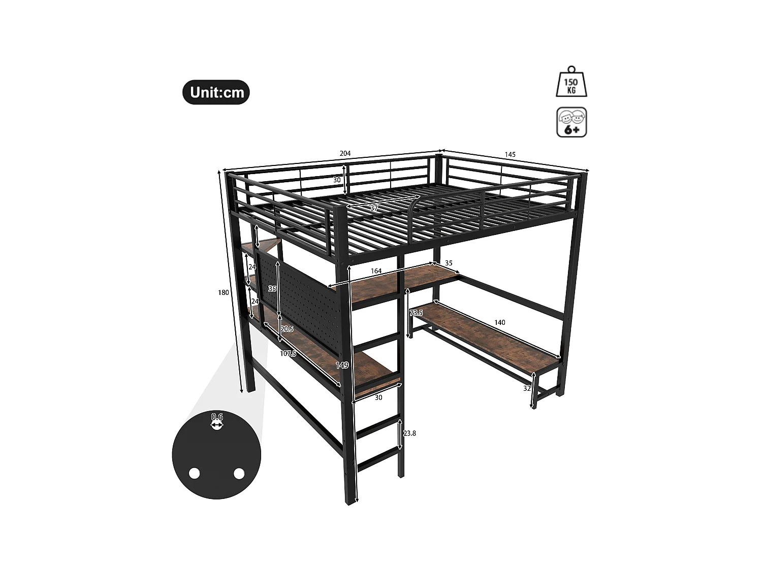 Lit mezzanine 140x200cm - avec bureau + garde-corps - avec prises USB + Type-C - avec bande lumineuse LED - noir