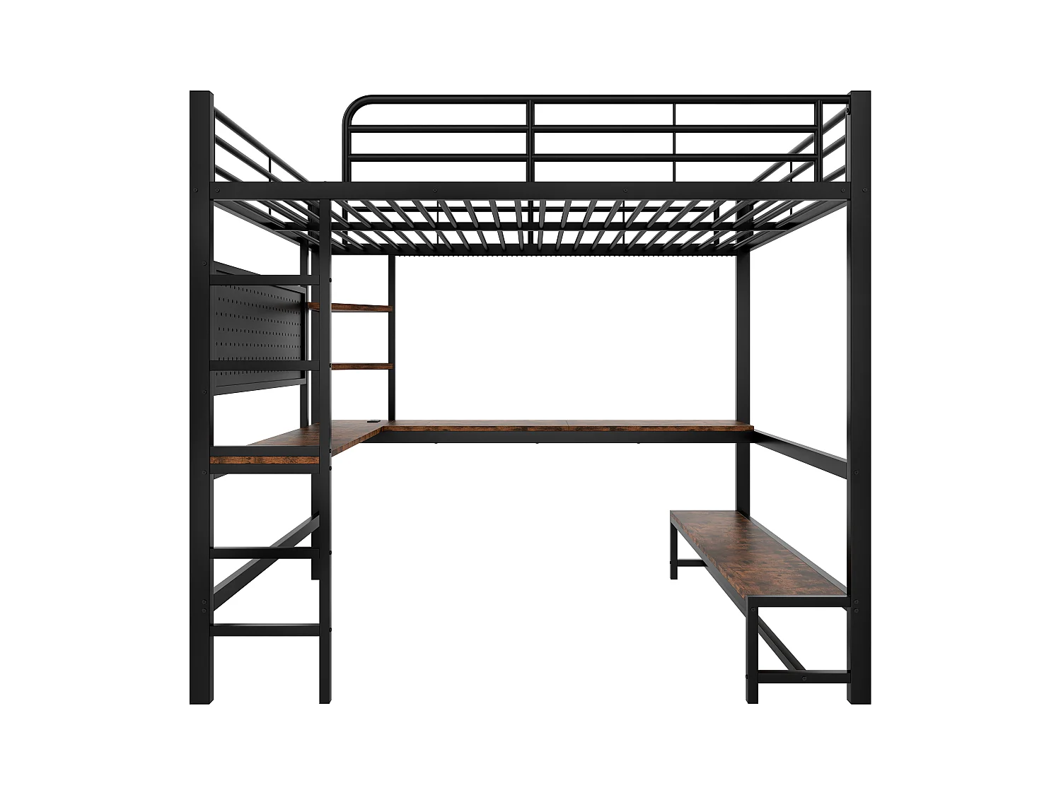 Lit mezzanine 140x200cm - avec bureau + garde-corps - avec prises USB + Type-C - avec bande lumineuse LED - noir