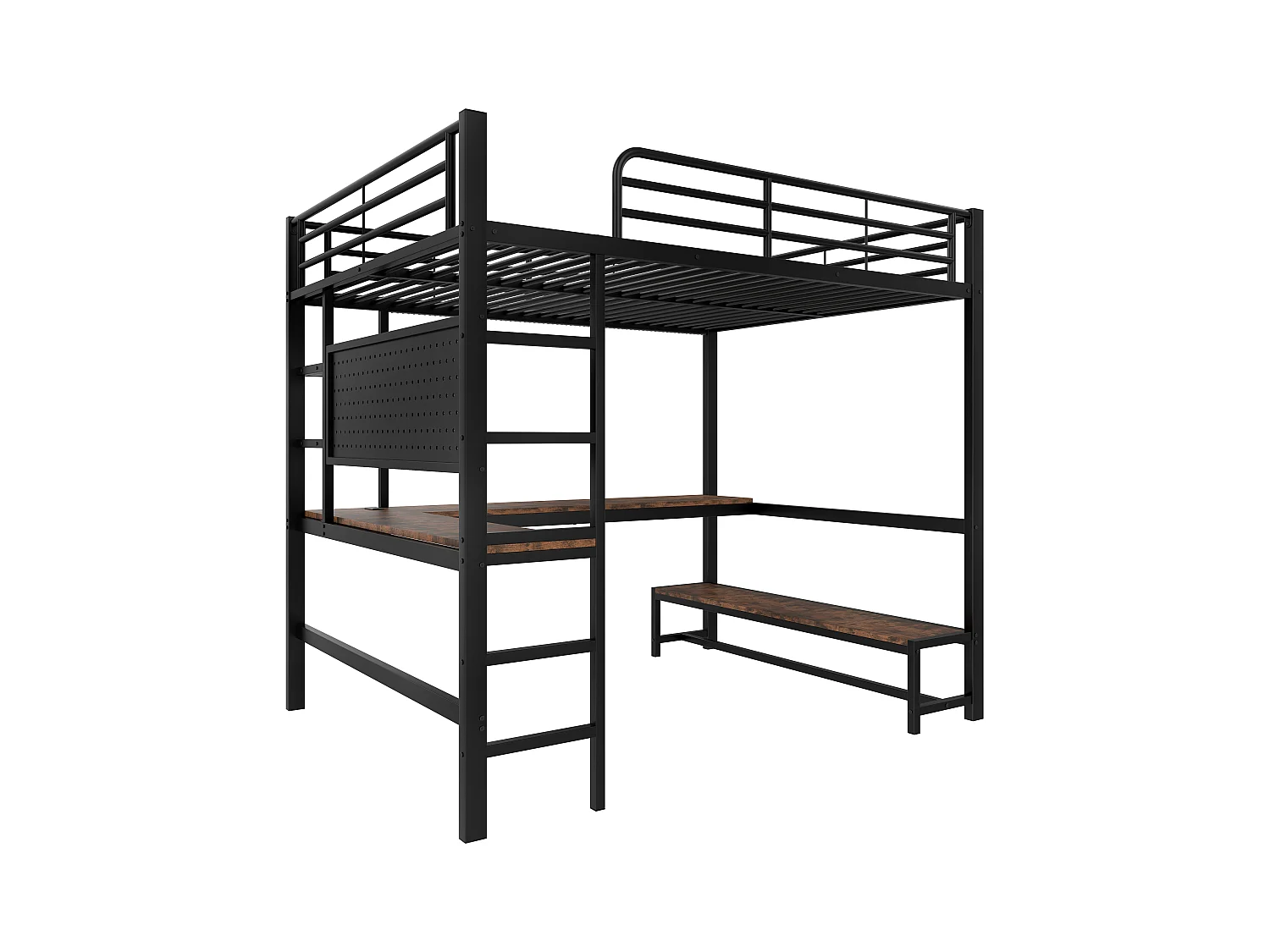 Lit mezzanine 140x200cm - avec bureau + garde-corps - avec prises USB + Type-C - avec bande lumineuse LED - noir