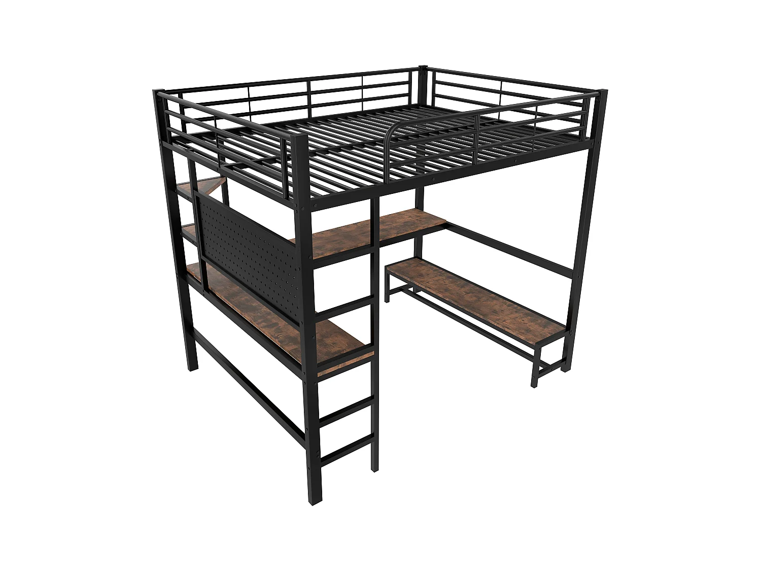 Lit mezzanine 140x200cm - avec bureau + garde-corps - avec prises USB + Type-C - avec bande lumineuse LED - noir