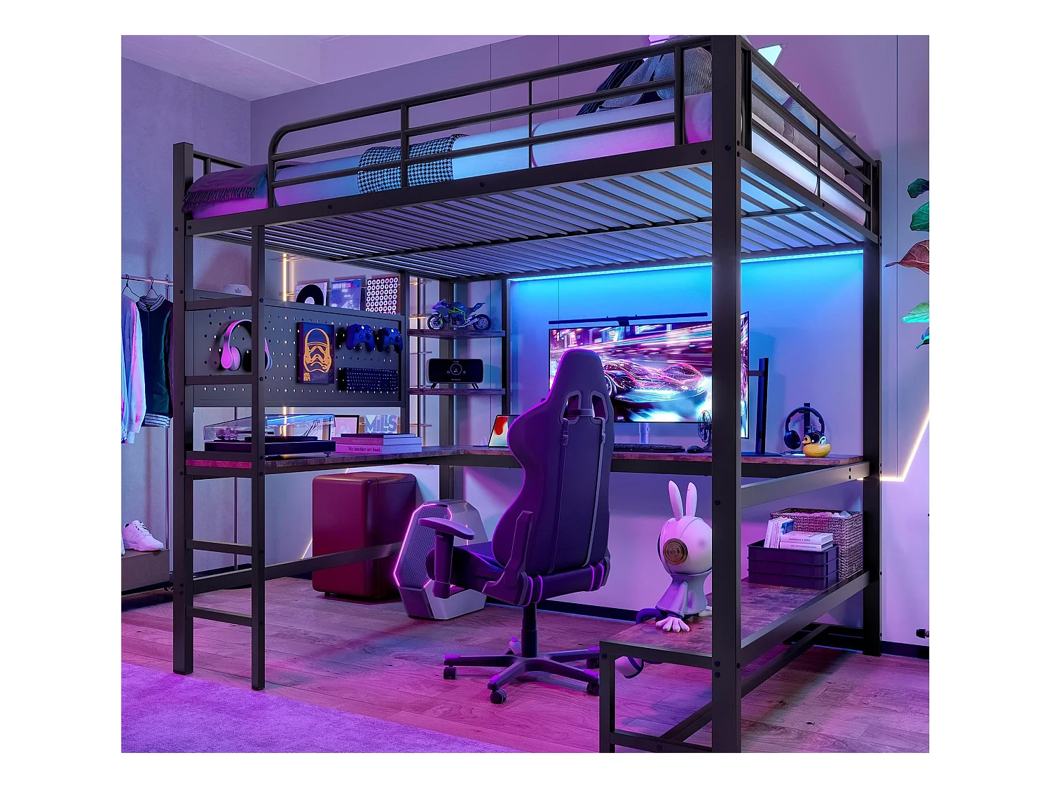 Lit mezzanine 140x200cm - avec bureau + garde-corps - avec prises USB + Type-C - avec bande lumineuse LED - noir