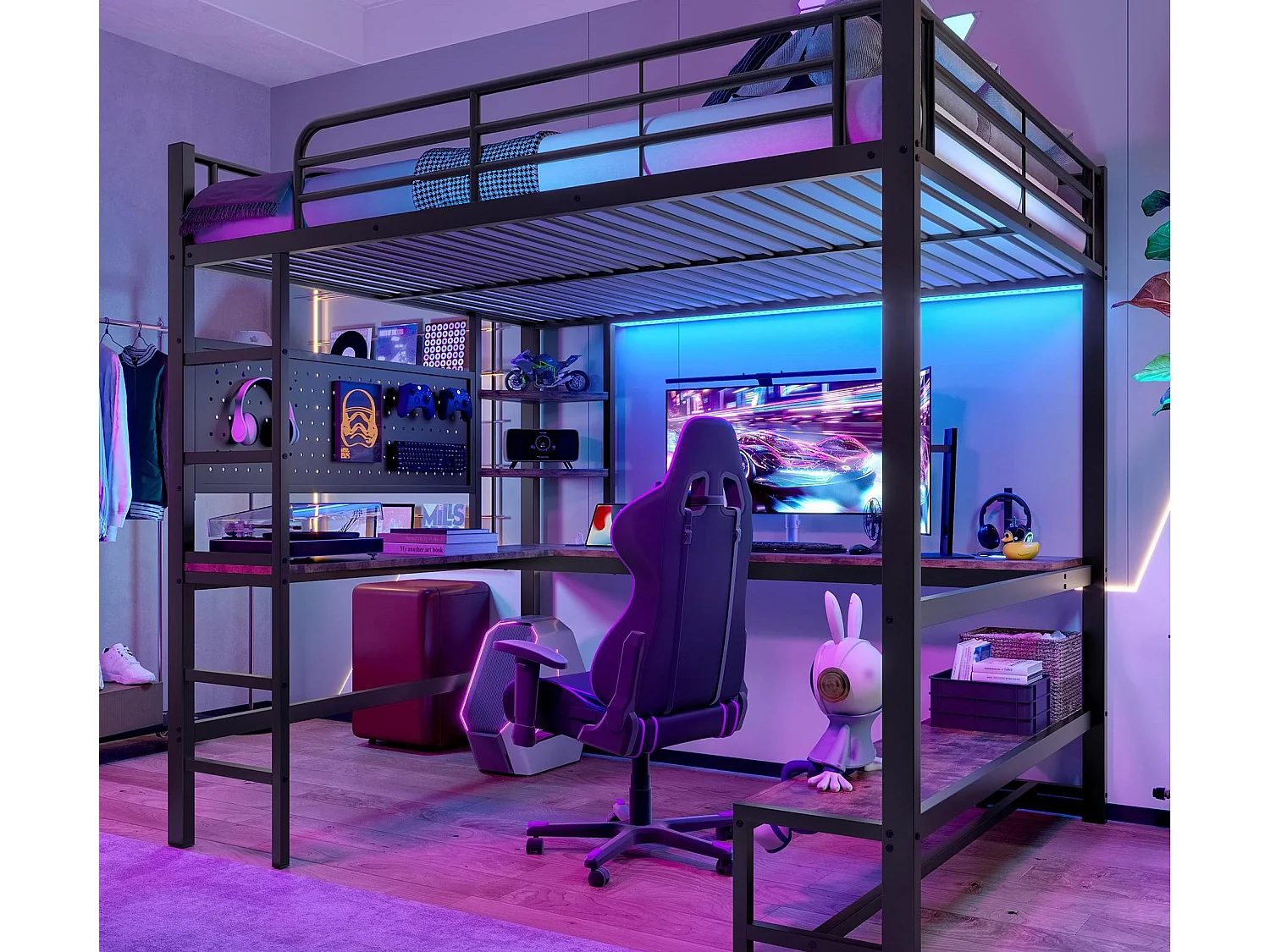 Hochbett 140x200cm - mit Schreibtisch + Geländer - mit USB + Type-C Anschlüssen - mit LED-Lichtleiste - schwarz