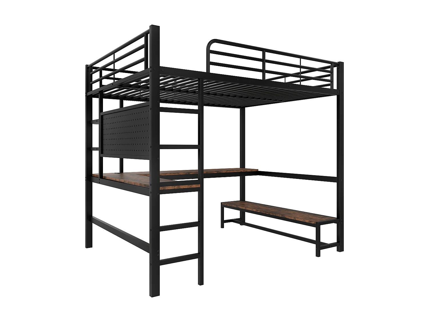 Hochbett 140x200cm - mit Schreibtisch + Geländer - mit USB + Type-C Anschlüssen - mit LED-Lichtleiste - schwarz