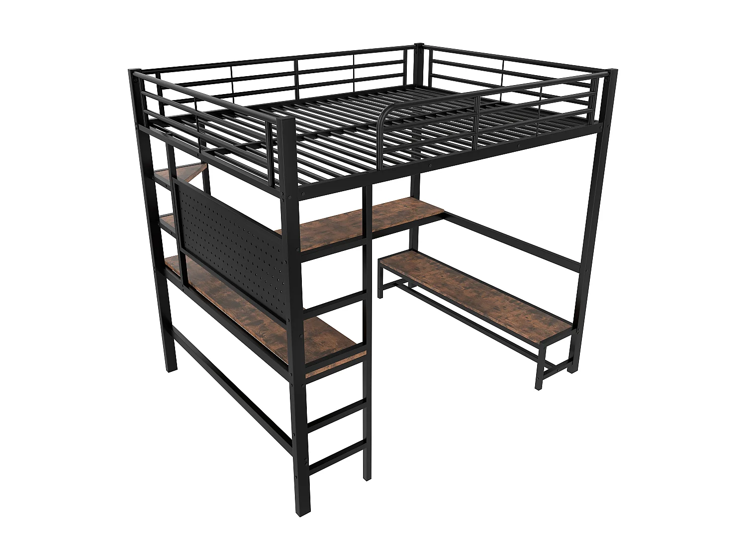 Hochbett 140x200cm - mit Schreibtisch + Geländer - mit USB + Type-C Anschlüssen - mit LED-Lichtleiste - schwarz