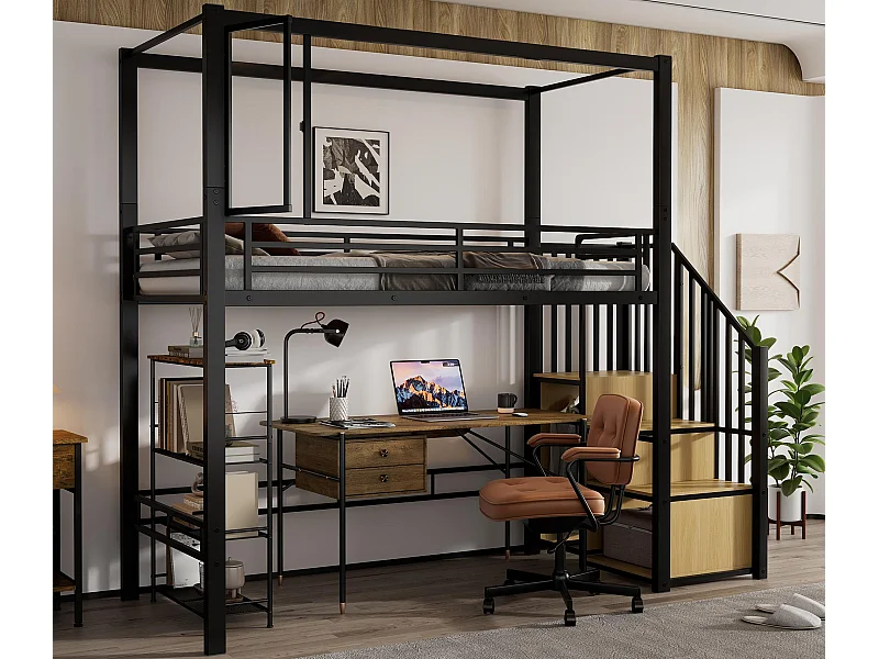 Mezzaninebed 90×200 cm - met open kast en opbergtrap - acryl ramen - Metaal + MDF - Zwart + Natuur