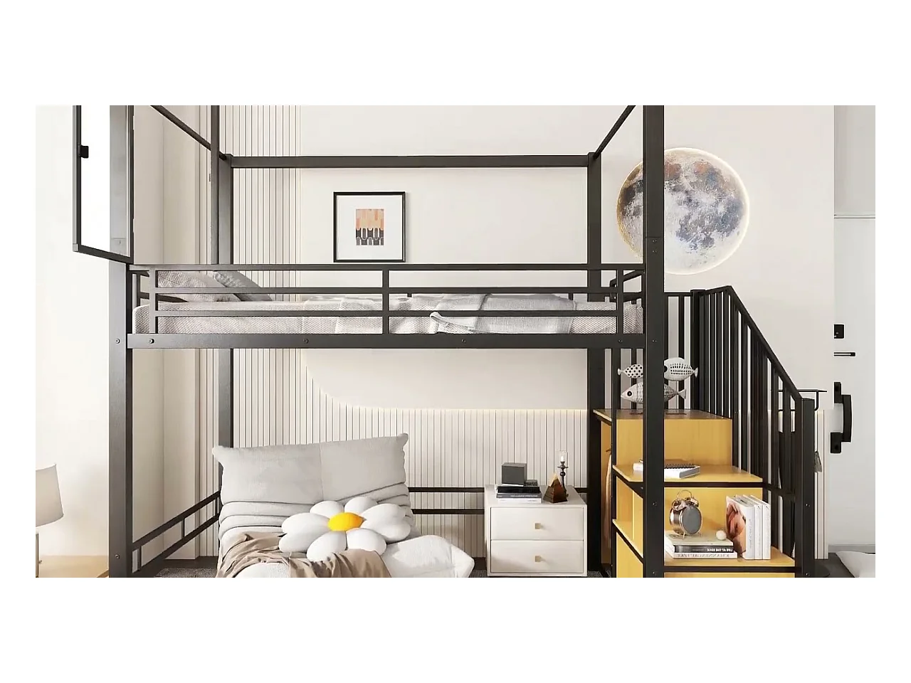 Lit mezzanine 90x200 cm - avec armoire ouverte et escalier de rangement - fenêtres en acrylique - Métal + MDF - Noir + Naturel