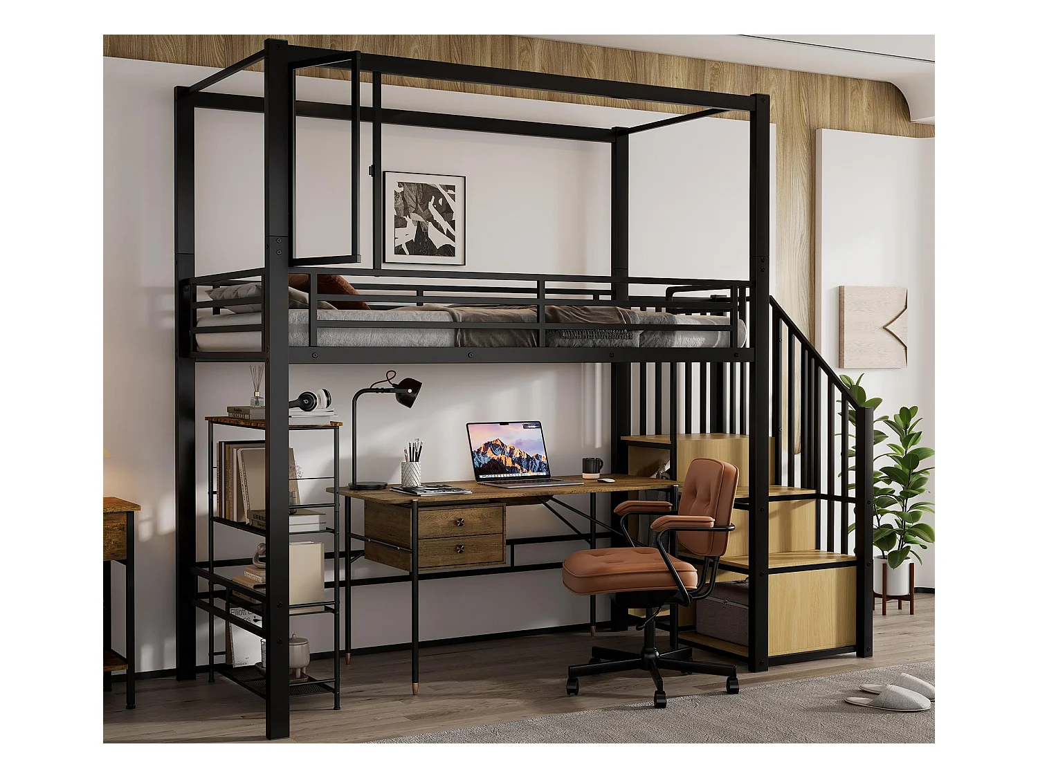 Hochbett 90×200 cm - mit offenem Kleiderschrank und Stauriegeltreppe - Acrylfenster - Metall + MDF - Schwarz + Natur