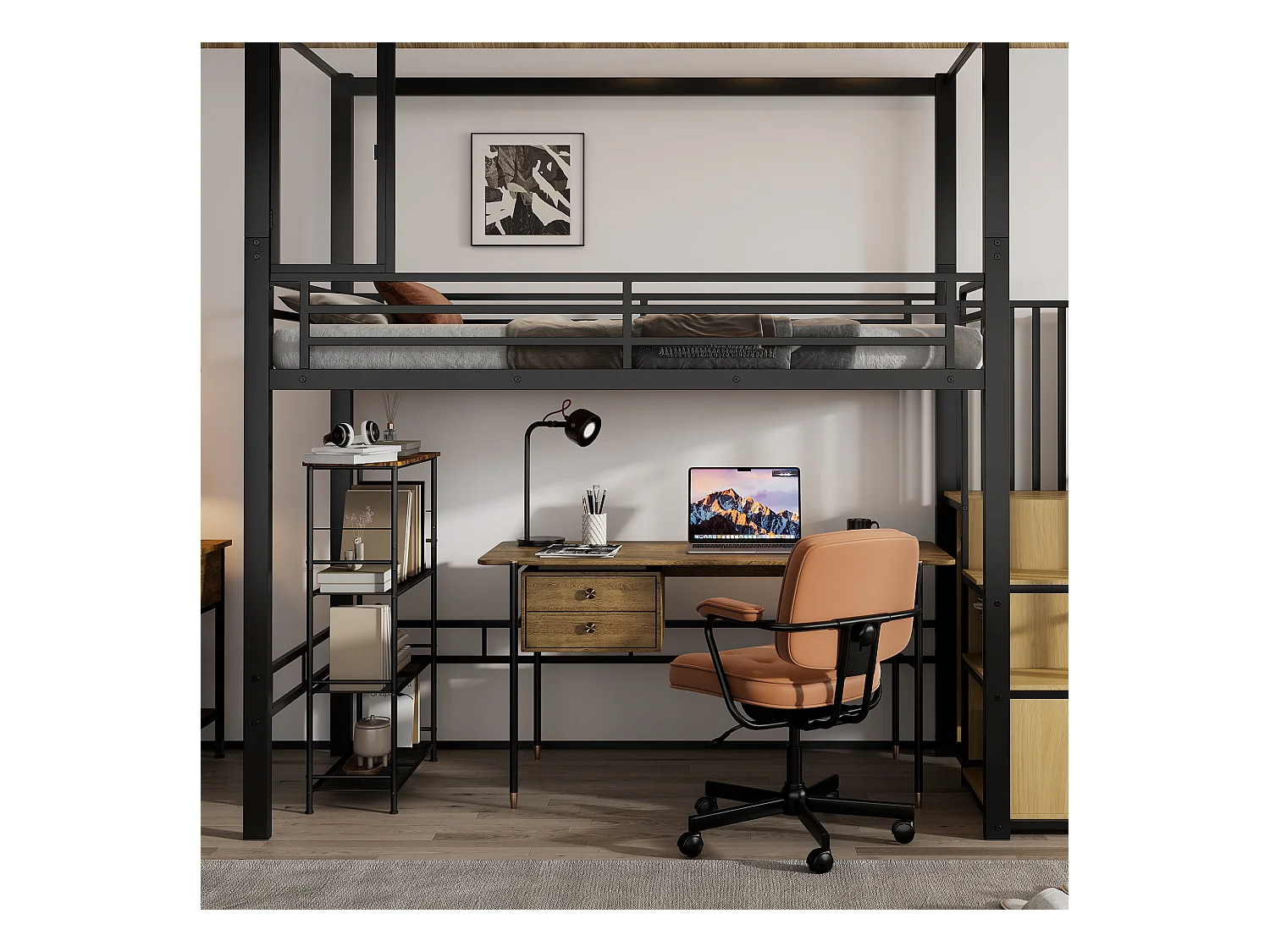 Hochbett 90×200 cm - mit offenem Kleiderschrank und Stauriegeltreppe - Acrylfenster - Metall + MDF - Schwarz + Natur