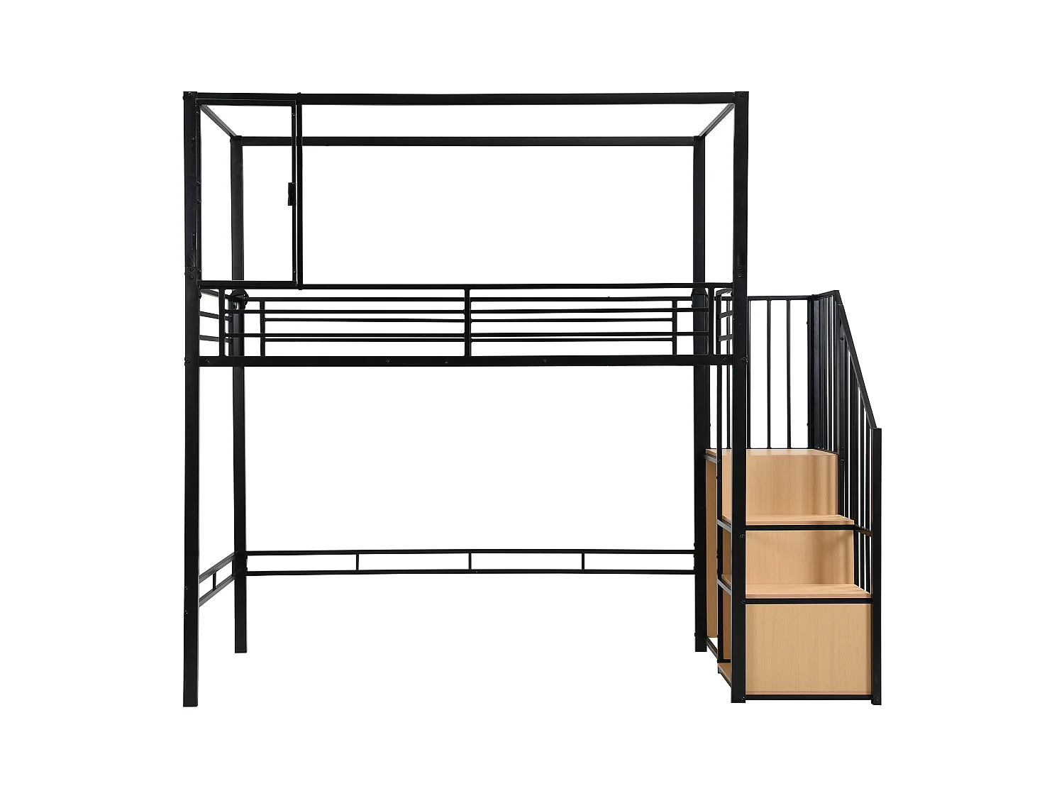 Hochbett 90×200 cm - mit offenem Kleiderschrank und Stauriegeltreppe - Acrylfenster - Metall + MDF - Schwarz + Natur