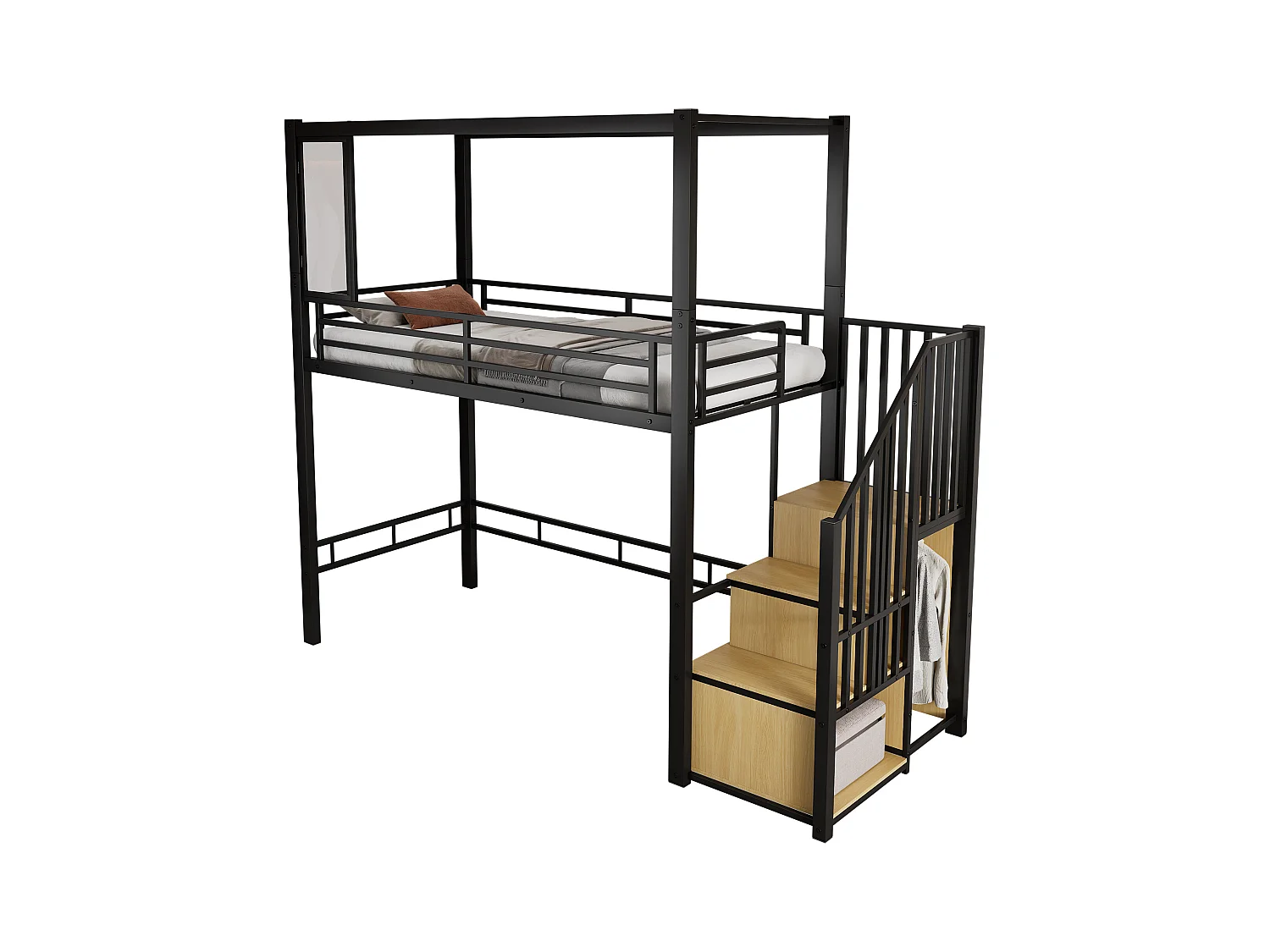 Hochbett 90×200 cm - mit offenem Kleiderschrank und Stauriegeltreppe - Acrylfenster - Metall + MDF - Schwarz + Natur