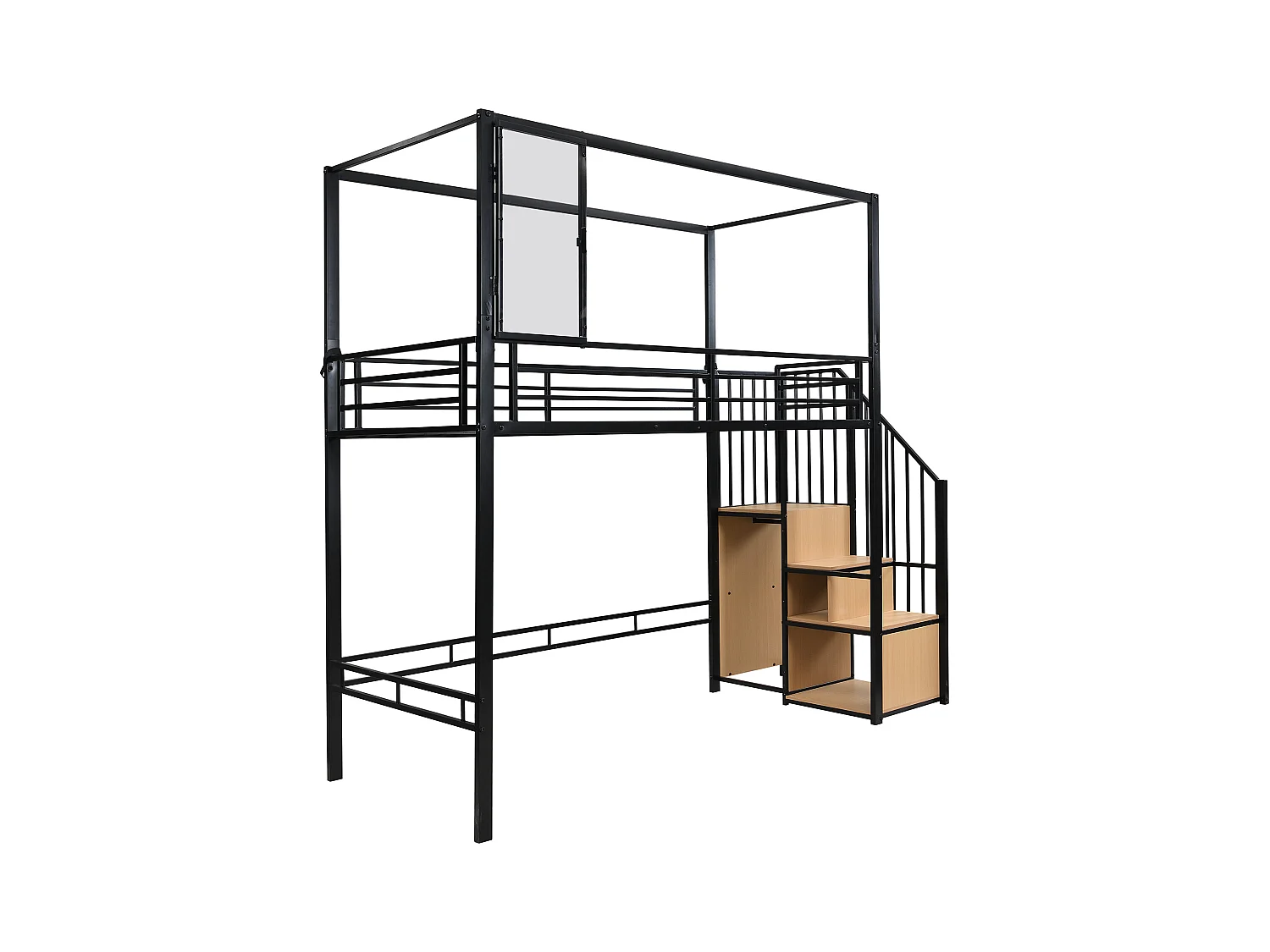 Hochbett 90×200 cm - mit offenem Kleiderschrank und Stauriegeltreppe - Acrylfenster - Metall + MDF - Schwarz + Natur