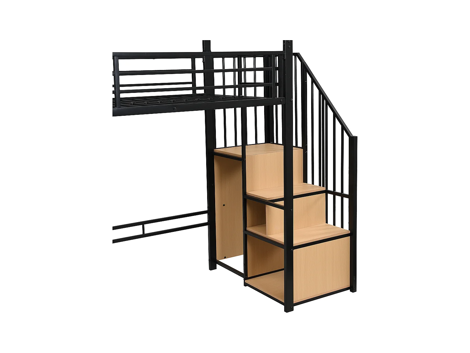 Hochbett 90×200 cm - mit offenem Kleiderschrank und Stauriegeltreppe - Acrylfenster - Metall + MDF - Schwarz + Natur