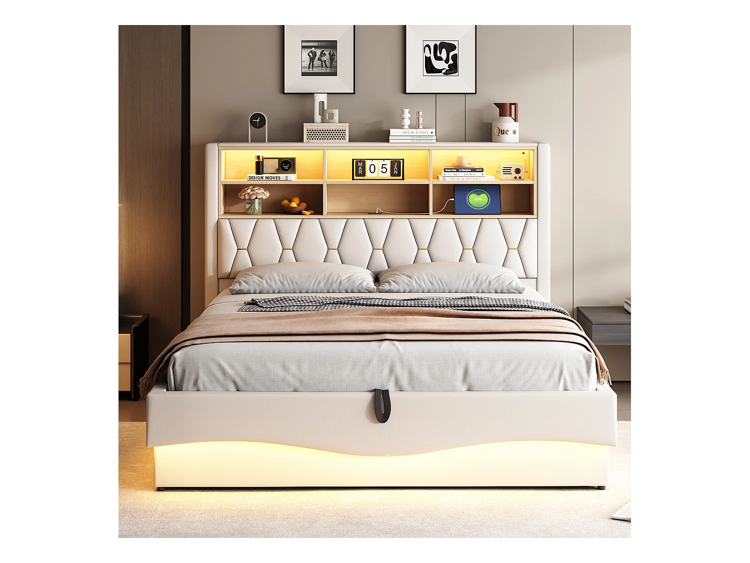 Letto con contenitore per bambini 180x200 cm - con striscia luminosa LED - con porta di ricarica USB - lino - beige (senza materasso)