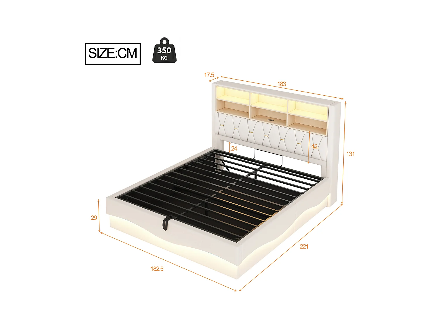 Letto con contenitore per bambini 180x200 cm - con striscia luminosa LED - con porta di ricarica USB - lino - beige (senza materasso)