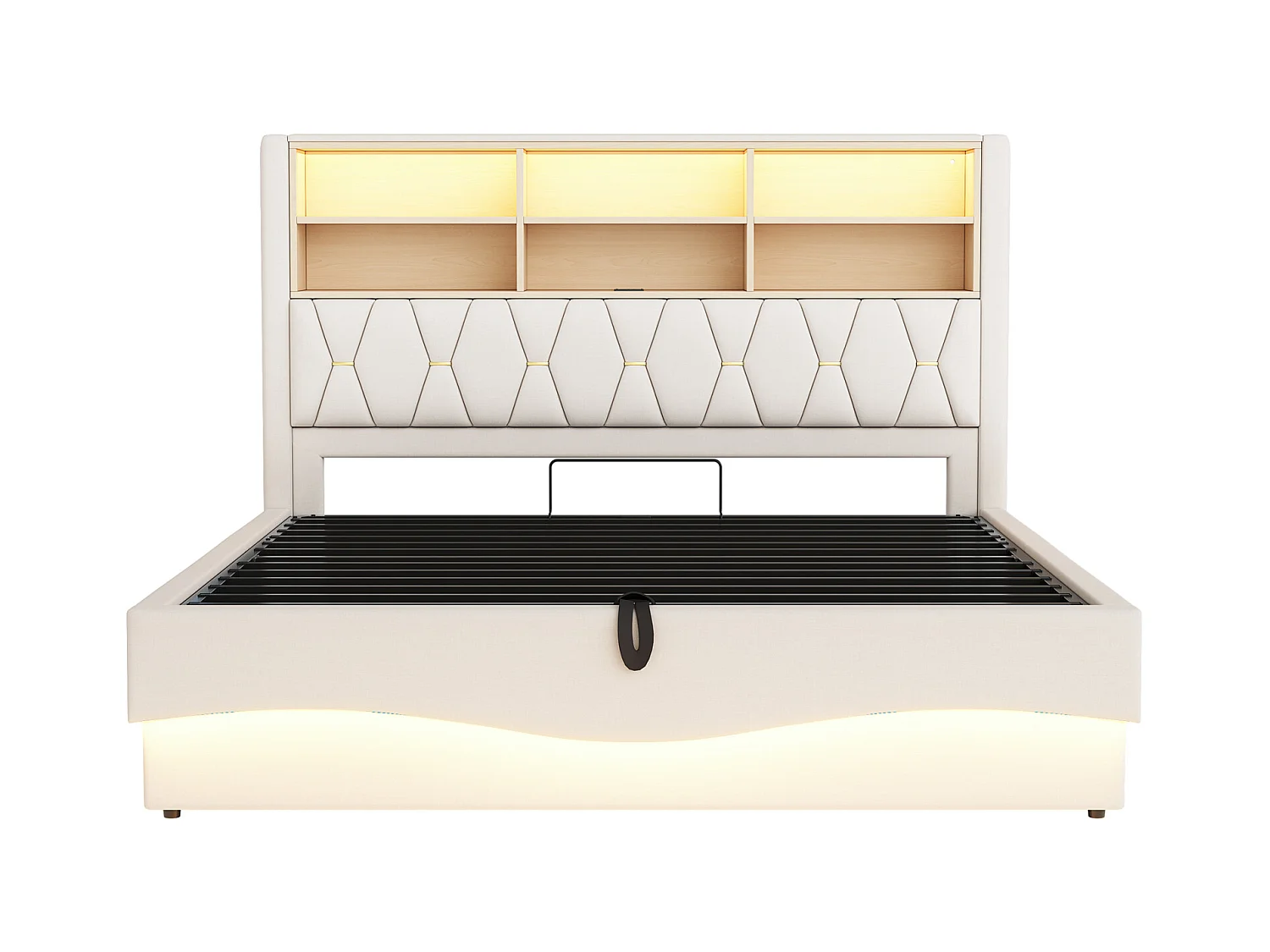 Letto con contenitore per bambini 180x200 cm - con striscia luminosa LED - con porta di ricarica USB - lino - beige (senza materasso)