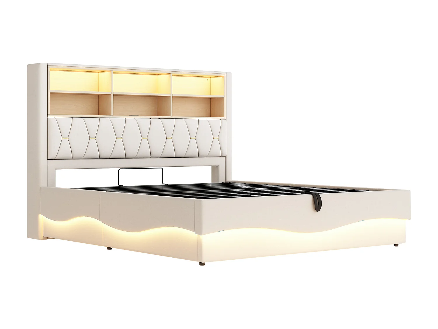 Letto con contenitore per bambini 180x200 cm - con striscia luminosa LED - con porta di ricarica USB - lino - beige (senza materasso)