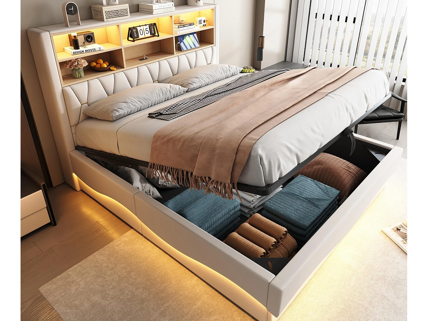 Lit coffre 180×200 cm - avec bande lumineuse LED - avec port de charge USB - lin - beige (sans matelas)