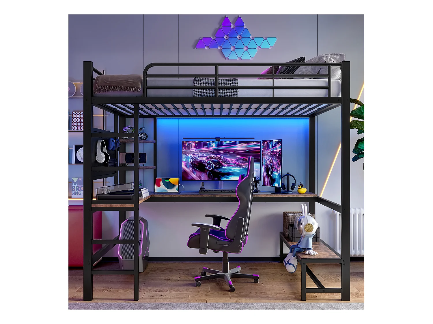 Lit mezzanine 90x200cm - avec bureau + garde-corps - avec prises USB + Type-C - avec bande lumineuse LED - noir