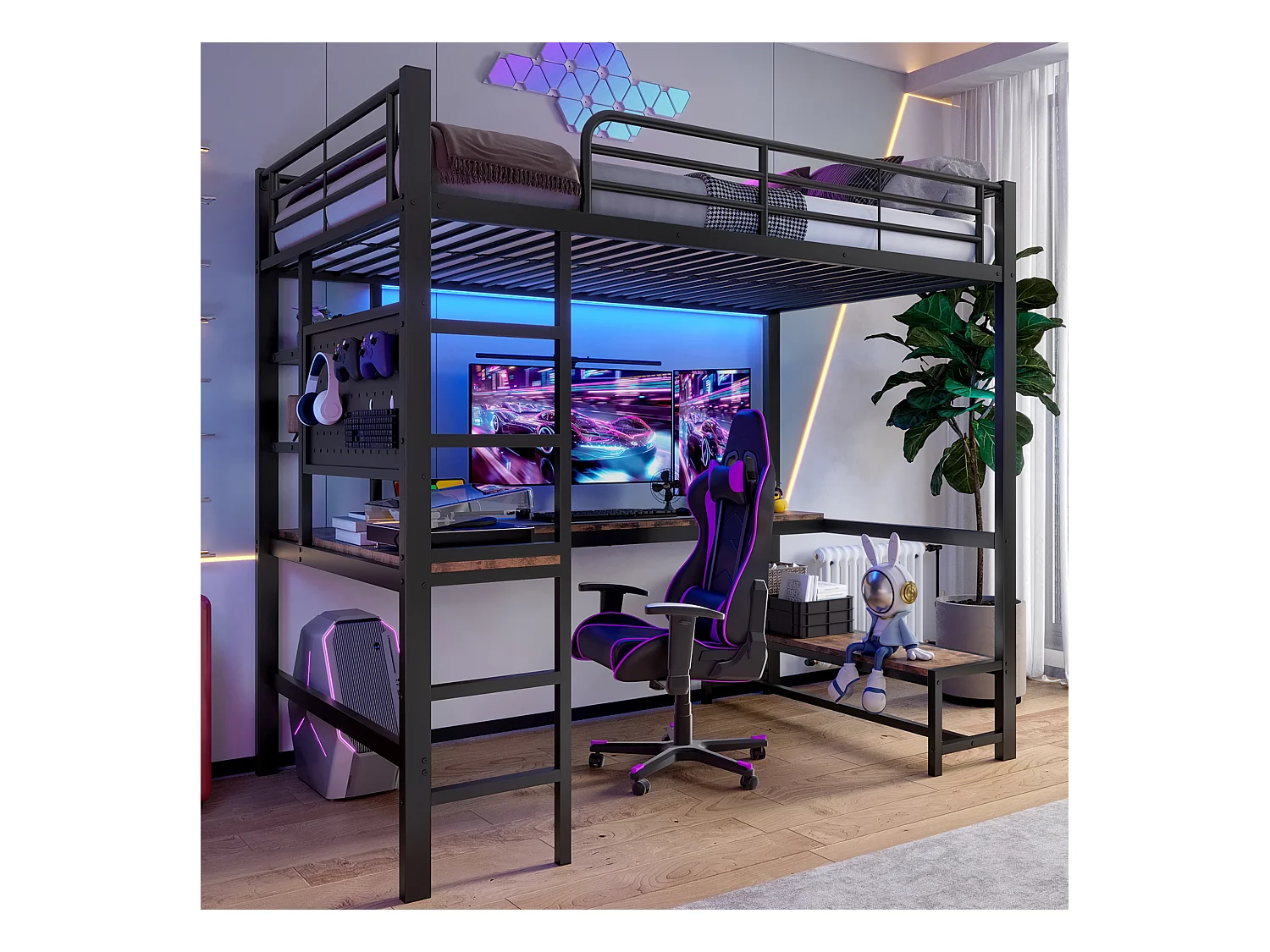 Lit mezzanine 90x200cm - avec bureau + garde-corps - avec prises USB + Type-C - avec bande lumineuse LED - noir