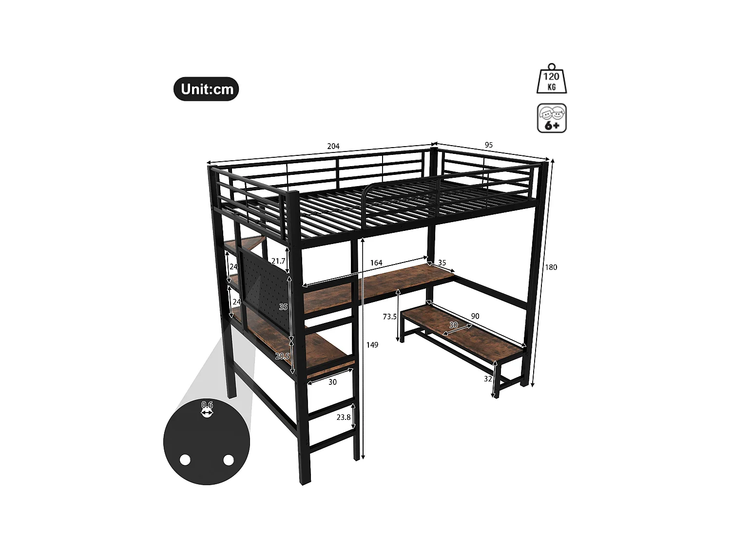 Lit mezzanine 90x200cm - avec bureau + garde-corps - avec prises USB + Type-C - avec bande lumineuse LED - noir